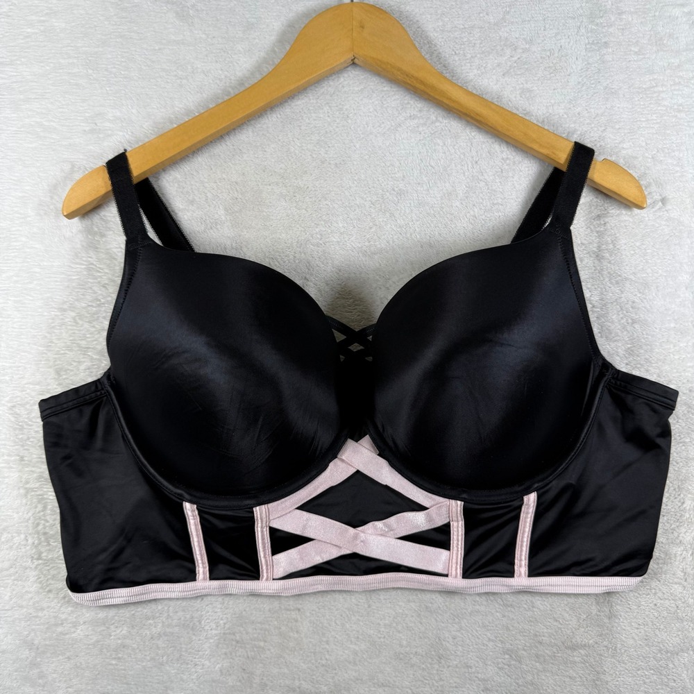 Torrid XO Boost Plunge Black Pink Strappy Longline Push Up Bra 42D